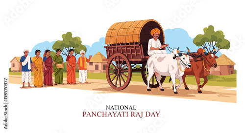 A vibrant vector illustration depicts National Panchayati Raj Day, showcasing a rural governance system with villagers walking alongside a bullock cart against a backdrop of traditional