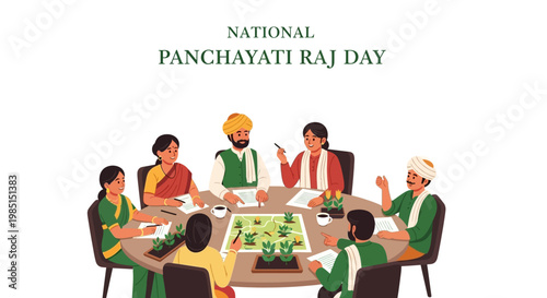 Illustrated vector art depicts a local village council meeting, commemorating National Panchayati Raj Day in India, with participants seated around a table in a clean composition