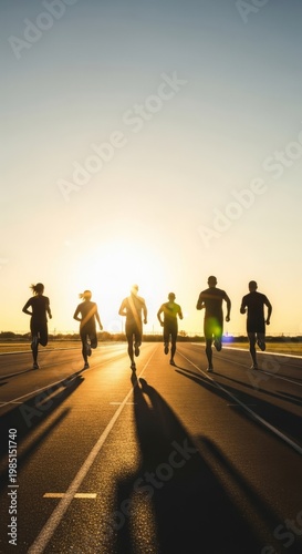 Back perspective of athletic forms racing toward a sunset horizon on a paved track, featuring lens flares, long shadows, and golden light, atmosphere, glowing, health