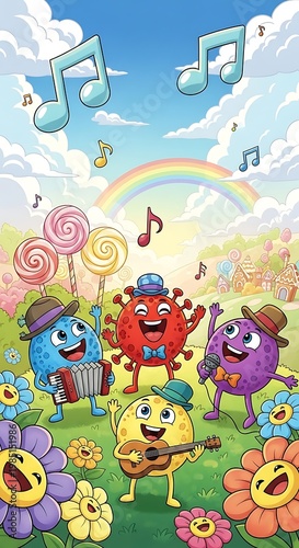 Musical Microbes - A Joyful Cartoon Band in a Sunny Meadow.