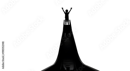 A minimalist vector graphic illustration of a triumphant person standing on a sharp black peak with arms raised in victory