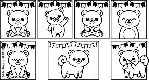 Black and white line art cute teddy bear with puppy in various poses vector