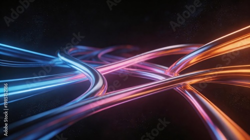 Abstract image of glowing neon cables with blue, orange, and pink hues, moving dynamically against a dark background, symbolizing technology and connectivity.