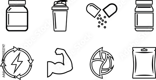 Black line art sports nutrition supplement jars capsules and energy icons