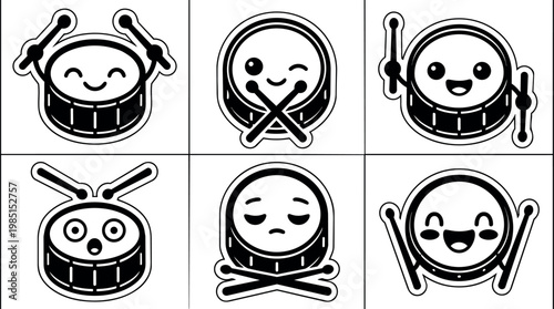Black and white drum set face emojis with various expressions vector art