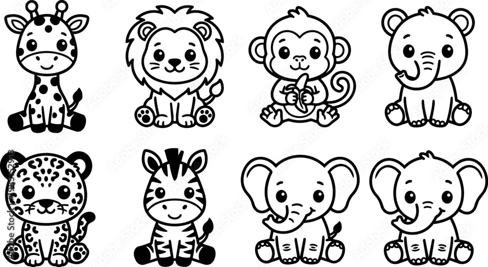 Fototapeta premium Cute black and white cartoon animals vector art set with lion monkey elephant giraffe and zebra