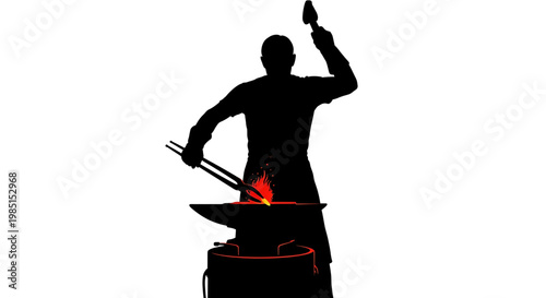 A black silhouette of a man cooking over an open flame with a pair of tongs and a utensil in hand.