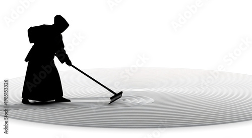 A minimalist vector graphic of a monk raking a zen garden in a serene and peaceful environment