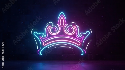 Vibrant neon glowing crown symbol with striking pink and blue light on dark background