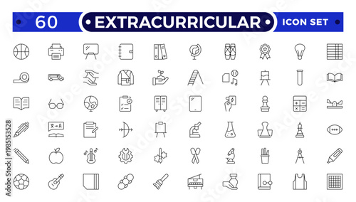 Extracurricular Activity Outline Icons Set. A Professional Collection of Vector Symbols for Student Clubs, Sports, Music, Campus Leadership, Creative Arts, and Diverse School Group Development.