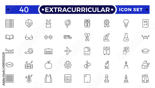 Extracurricular Activity Outline Icons Set. A Professional Collection of Vector Symbols for Student Clubs, Sports, Music, Campus Leadership, Creative Arts, and Diverse School Group Development.