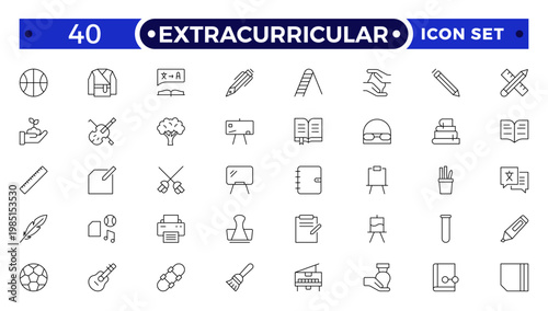 Extracurricular Activity Outline Icons Set. A Professional Collection of Vector Symbols for Student Clubs, Sports, Music, Campus Leadership, Creative Arts, and Diverse School Group Development.