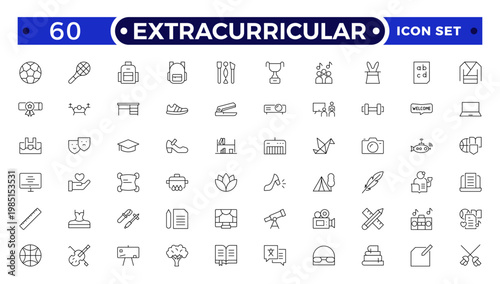 Extracurricular Activity Outline Icons Set. A Professional Collection of Vector Symbols for Student Clubs, Sports, Music, Campus Leadership, Creative Arts, and Diverse School Group Development.
