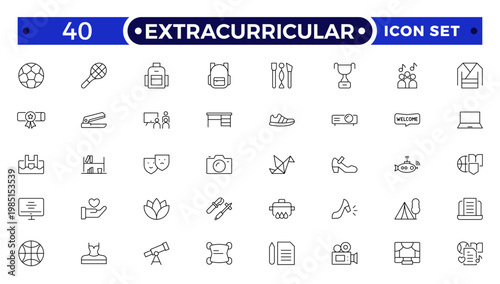 Extracurricular Activity Outline Icons Set. A Professional Collection of Vector Symbols for Student Clubs, Sports, Music, Campus Leadership, Creative Arts, and Diverse School Group Development.