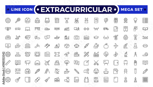 Extracurricular Activity Outline Icons Set. A Professional Collection of Vector Symbols for Student Clubs, Sports, Music, Campus Leadership, Creative Arts, and Diverse School Group Development.