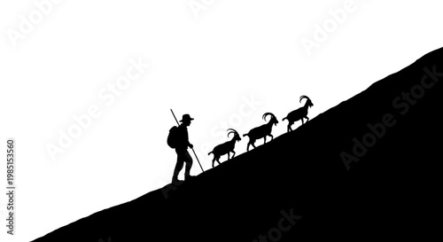 A minimalist vector illustration of a shepherd guiding goats up a hill in a simple black silhouette against a white background