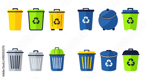 Collection of Colorful Trash Cans with Recycling Symbols - Flat Design Icons