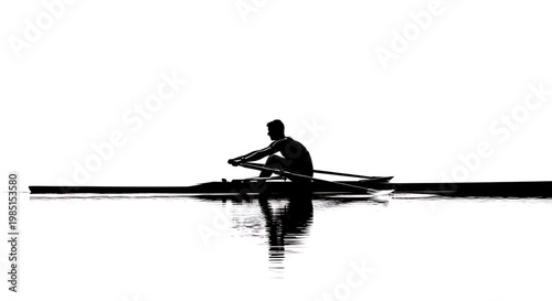 A serene silhouette of a man rowing a boat on calm water