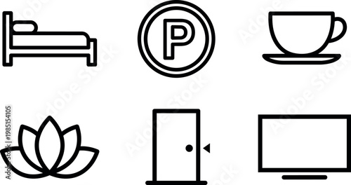 Minimalist line art bed parking cup lotus door and screen icons