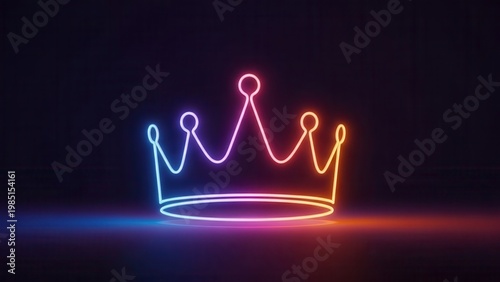 Vibrant neon crown glowing with iridescent light reflections on a dark, reflective surface,