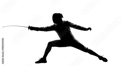 A black silhouette of a fencer in a dynamic pose with a sword on a white background