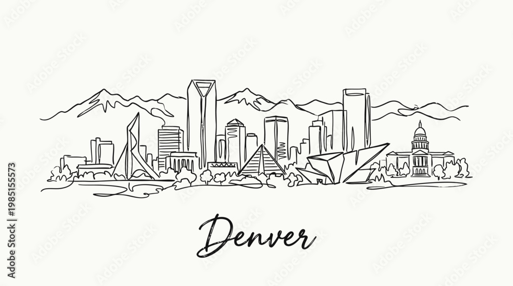 Obraz premium Minimalistic Line Drawing of Denver Skyline with Mountains in the Background for Urban Landscape Art