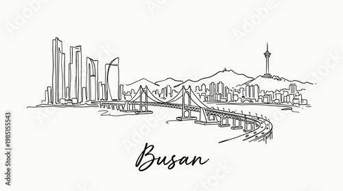 Stylized minimalist line drawing showcasing Busan city skyline with iconic bridges and mountain backdrop emphasizing urban