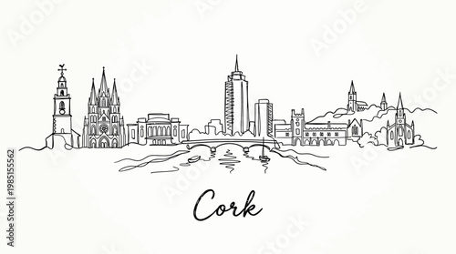 Minimalist black and white sketch of Cork city skyline highlighting iconic architectural landmarks and river reflections for a