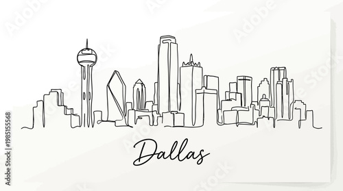 Minimalist Line Drawing of Dallas Skyline Featuring Tall Buildings and Iconic Structures in a Stylish Artistic Representation