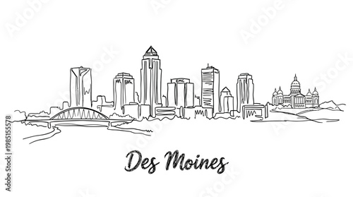 Minimalist Line Art Illustration of Des Moines City Skyline Highlighting Iconic Buildings and Urban Landscape with Clean Design