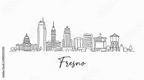 Stylized minimalist black and white line art depiction of Fresno city skyline featuring iconic buildings and local landmarks