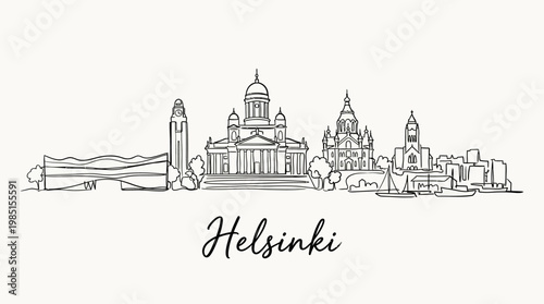 Stylized Line Drawing of Helsinki's Iconic Skylines and Historic Landmarks in Minimalist Style