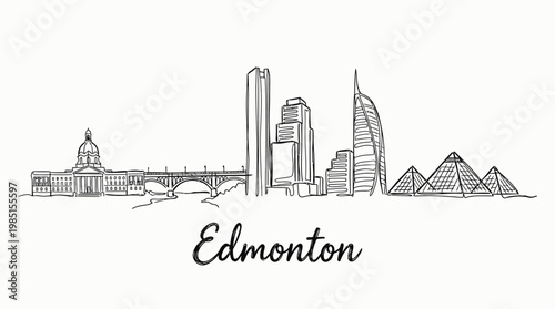 Minimalist Line Drawing of Edmonton City Skyline Featuring Landmarks and Urban Architecture