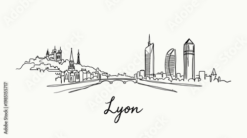 Minimalist Line Art Illustration of Lyon's Cityscape with Architectural Landmarks and Skyline