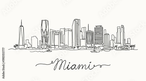 Stylized minimalistic city skyline sketch of Miami featuring iconic skyscrapers and waterfront silhouette drawn in continuous