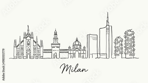 Minimalist Line Drawing of Milan Skyline Featuring Historic and Modern Architecture