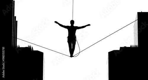 A silhouette of a man balancing on a tightrope between two skyscrapers