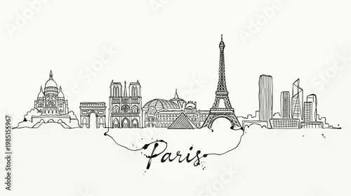 Minimalist digital sketch capturing iconic Parisian landmarks including the Eiffel Tower and historic architecture in a simple