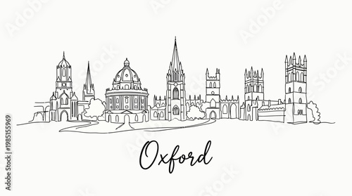 Elegant Line Drawing of Oxford's Iconic Architectural Landmarks Featuring Historic Cathedrals and University Buildings in