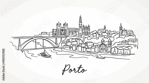 Elegant minimalist line drawing of porto cityscape with historic architecture and river view capturing the essence of porto