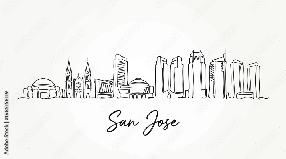 Fototapeta premium Minimalist line art illustration of the diverse and dynamic skyline of San Jose showcasing iconic city architecture and urban