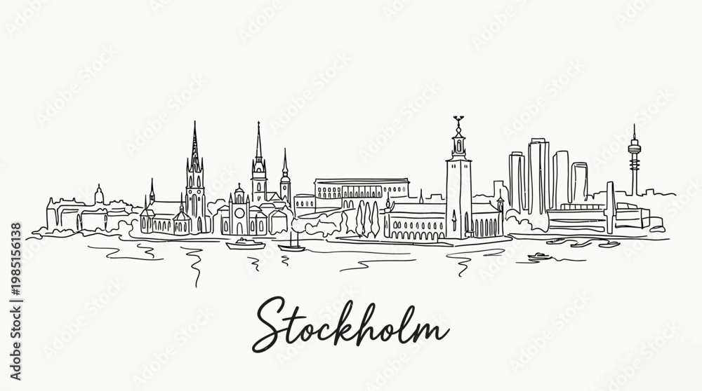 Fototapeta premium Elegant minimalist line art of Stockholm skyline featuring historic and modern architecture