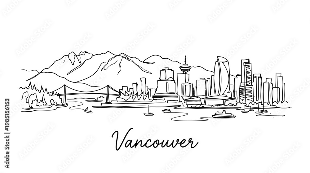 Obraz premium Minimalist Line Drawing of Vancouver City Skyline with Mountains and Water Body