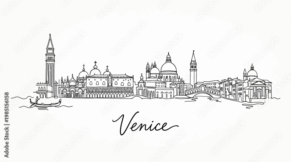 Obraz premium Minimalist Line Drawing Depicting Venice City Skyline Featuring Landmark Structures and Its Iconic Atmosphere