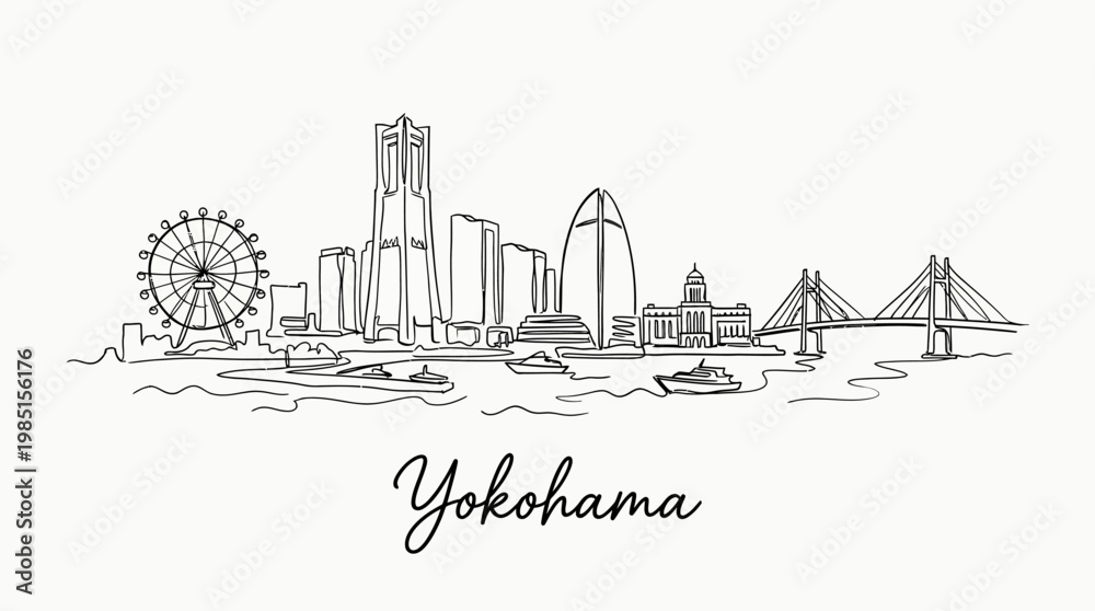 Obraz premium Minimalist Line Drawing of Yokohama City Skyline Featuring Iconic Landmarks and Waterfront