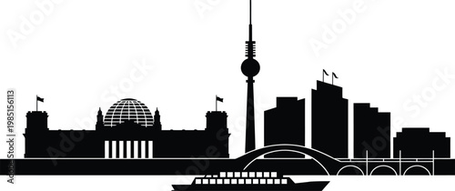 Berlin city skyline silhouette with parliament building, TV tower and boat on river