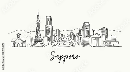 Minimalist Line Drawing of Sapporo City Skyline Featuring Landmarks and Urban Features