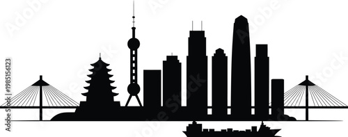 Asian city skyline silhouette with modern skyscrapers, oriental pagoda and cable bridges