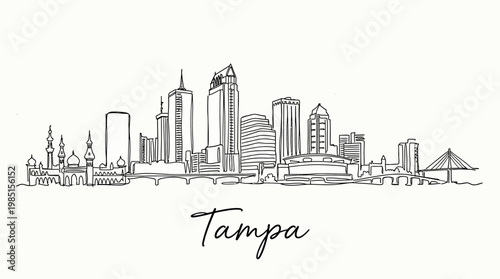Stylized minimalistic line drawing showcasing Tampa's diverse cityscape with iconic buildings and waterfront features