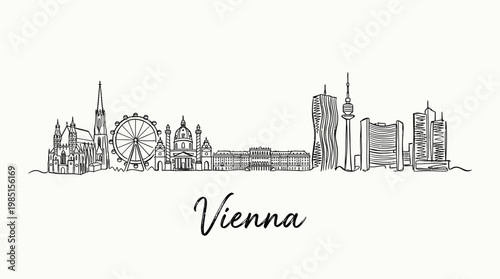 Minimalist Line Drawing of Vienna's City Skyline Featuring Historic and Modern Landmarks